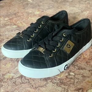 GBG Los Angeles Black Quilted Low-Top Sneakers with Gold Accents
